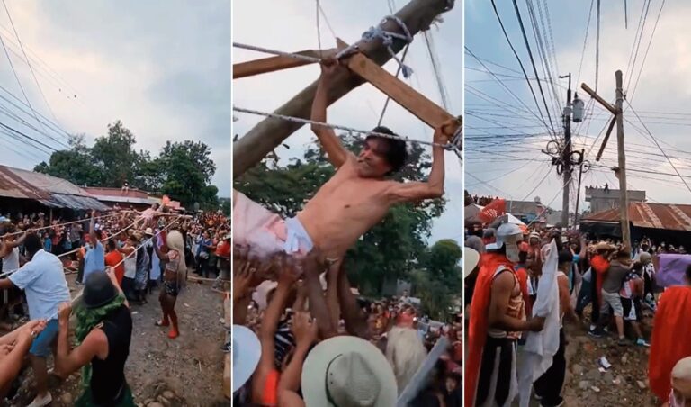 Video: Sujeto casi termina electrocutado mientras personificaba a Jesús en viacrucis