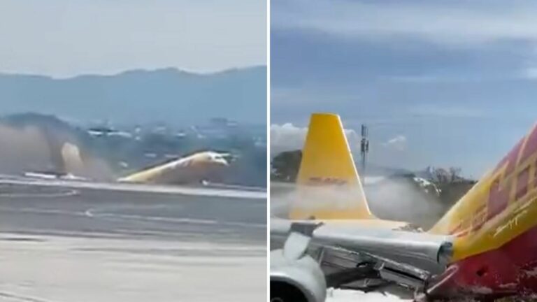 VIDEO: Captan momento exacto en que un avión de carga se parte en dos tras aterrizaje de emergencia