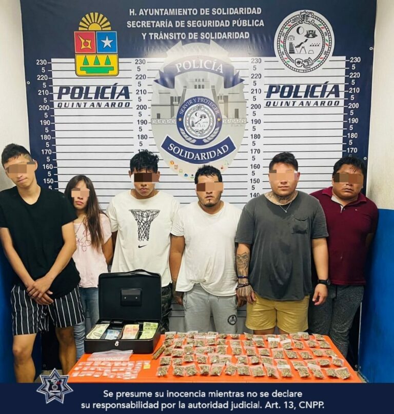 Una célula delictiva fue detenida en Playa del Carmen; son 6 sujetos que tenían en su poder más de 100 dosis de droga. Foto: SP de Solidaridad