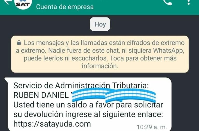 Alertan de una nueva estafa en redes sociales; se hacen pasar por personal del SAT y te dicen que reclames tu saldo a favor. Foto: Captura de pantalla