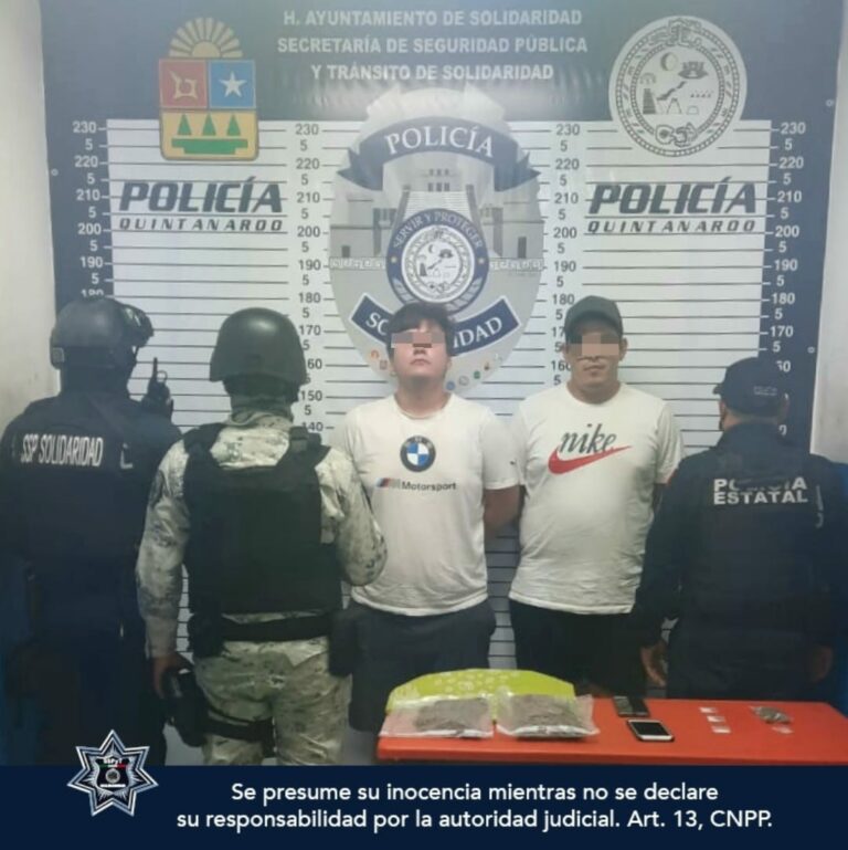 Dos sujetos fueron detenidos en Playa del Carmen luego de que les fueran halladas vaias dosis de droga en su poder. Foto: SP de Solidaridad