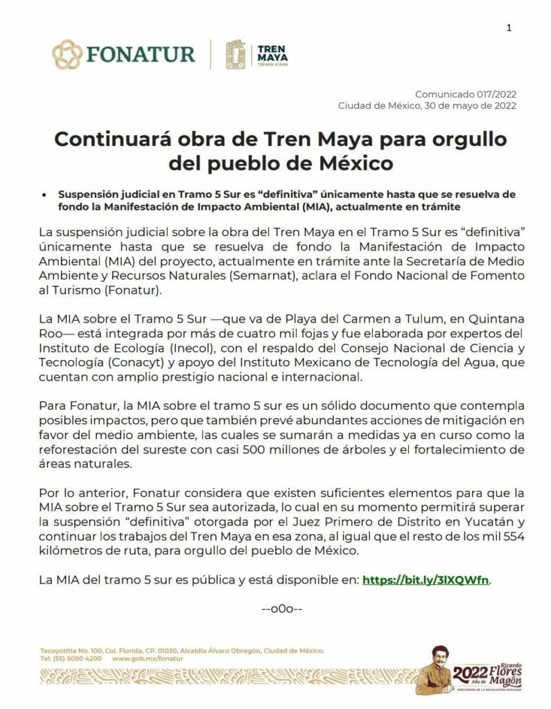 El documento que dio a conocer Fonatur sobre la suspensión del Tren Maya