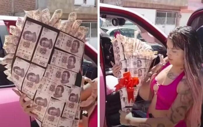 Tiktoker regala un ramo de billetes a su padre