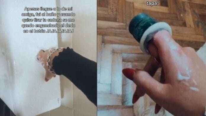 Video: Se le queda atorado el dedo en el inodoro del baño de su amiga