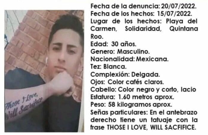 Familiares y amigos buscan a Giovanni Maxwell, quien fue visto por última vez en Playa del Carmen el pasado 15 del presente mes