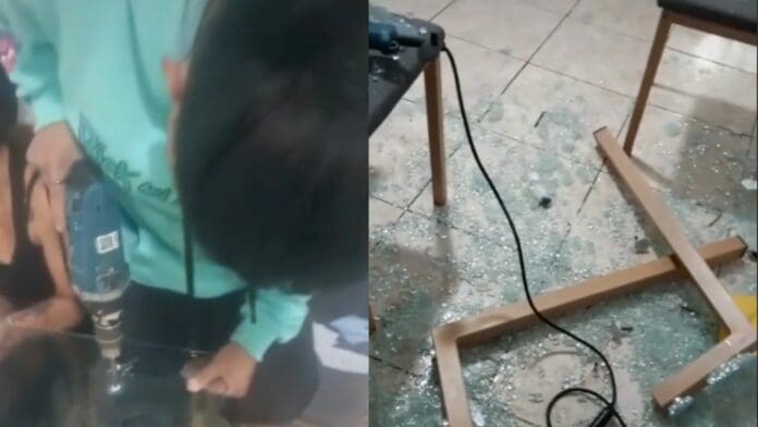 VIDEO: Intenta hacer un agujero en una mesa de vidrio y termina destruyéndola