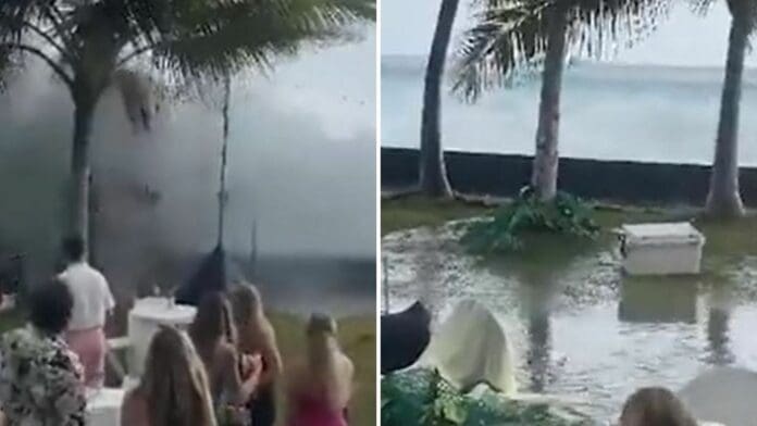 Boda de ensueño es arruinada por una ola gigante, el pastel se salvó