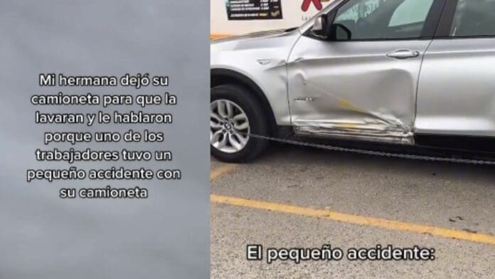 VIDEO: Joven deja su camioneta en autolavado y se la entregan chocada