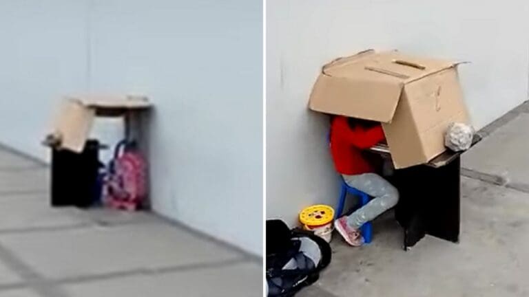 Niña estudia debajo de caja de cartón mientras su padre lava autos