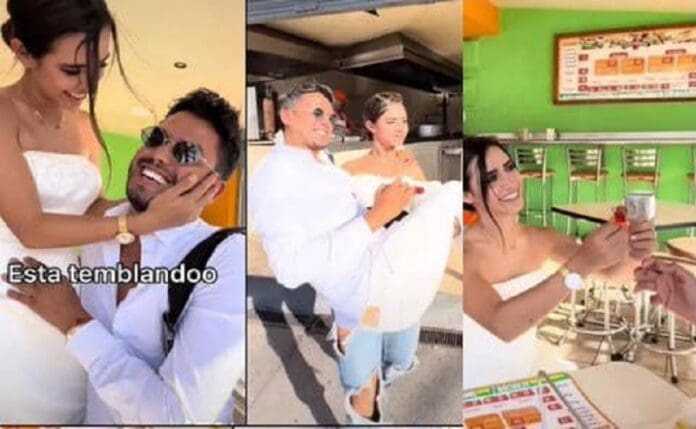 Con vestido de novia, pide matrimonio a su novio en taquería