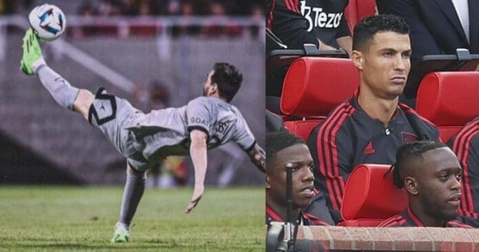 Inicios de temporada contrastantes para Lionel Messi y Cristiano Ronaldo; el argentino anotó de chilena y el portugués empezó en la banca. Foto: Redes sociales