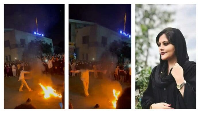 Mujer baila alrededor de una fogata y quema su hiyab, un acto simbólico contra el asesinato de Mahsa Amini