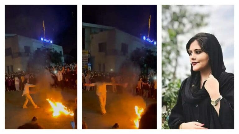 Mujer baila alrededor de una fogata y quema su hiyab, un acto simbólico contra el asesinato de Mahsa Amini