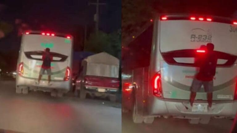 VIDEO: Captan a sujeto ‘trepado’ en la parte trasera de un camión urbano en NL