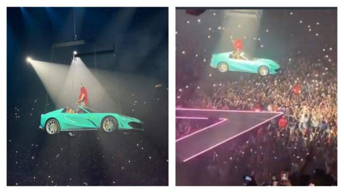 Video: Karol G llega por los aires en un Ferrari en el inicio de su gira 