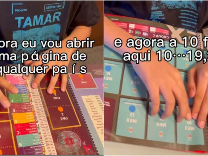 Niño ciego adapta su álbum del mundial en Braille