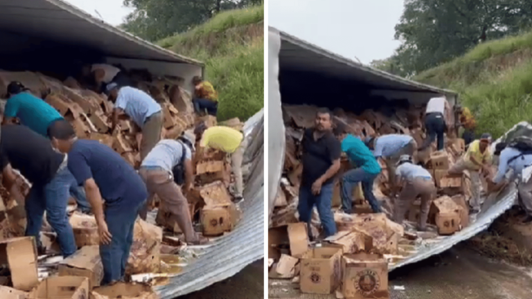Video: tráiler de cervezas se vuelca en Veracruz y en minutos se apañan las botellas