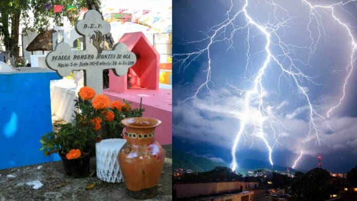 Cae rayo en panteón de Playa del Carmen y deja a tres heridos