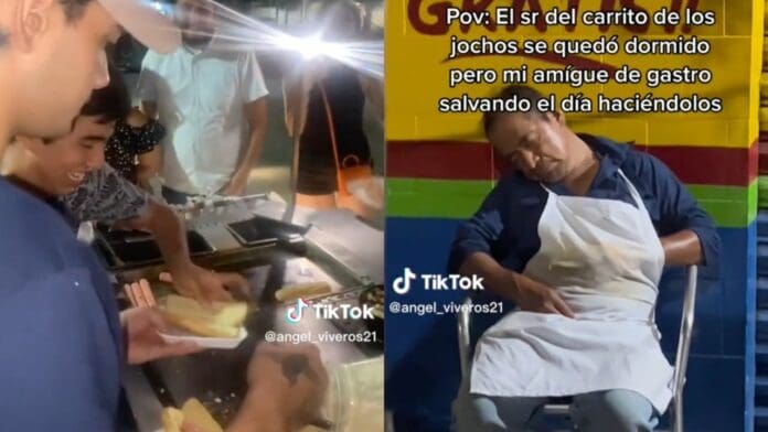 Jóvenes ayudan a despachar a vendedor de hot dogs que se quedó dormido
