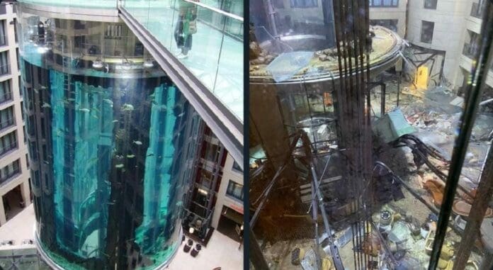 Un enorme acuario que se encuentra en Berlín, Alemania se rompió. Contenía mil 500 peces tropicales. Los daños son incuantificables.