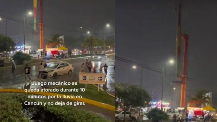 VIDEO: Juego mecánico se queda atorado por más de 10 minutos tras lluvias en Cancún