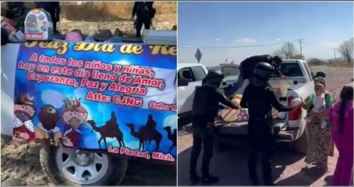 Presuntos integrantes del CJNG fueron captados entregando juguetes a niños de Michoacán con motivo del Día de Reyes.