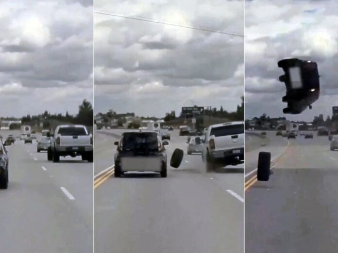VIDEO: Neumático sale disparado de un coche y ocasiona grave accidente en una autopista