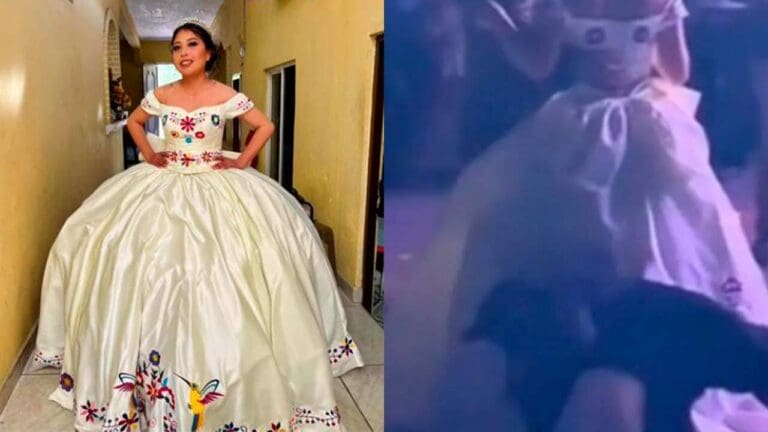 VIDEO: Perrito alza la patita y se orina en vestido de quinceañera