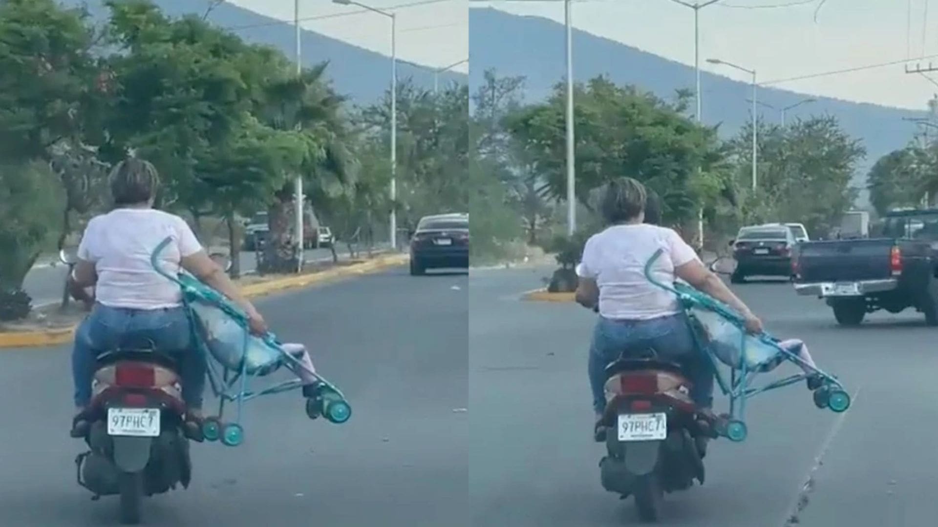 VIDEO: Critican a pareja por viajar en motocicleta y llevar a su bebé en la carriola