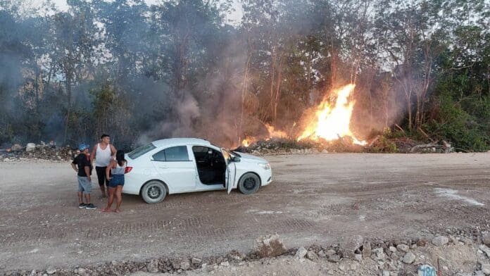 Consume incendio vegetación, a unos metros del trazo del Tren Maya, en Playa del Carmen