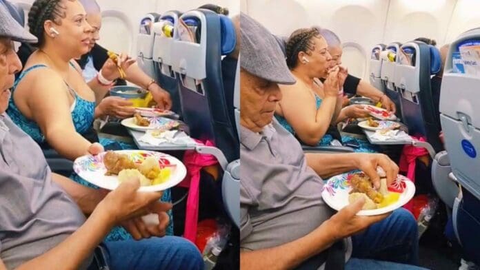 Mujer saca pollo frito con papas durante un vuelo: “Aquí nadie pasa hambre”