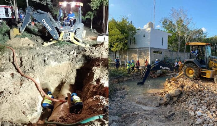 Aguakan avanza en trabajos de reparación de fuga de agua potable en Solidaridad