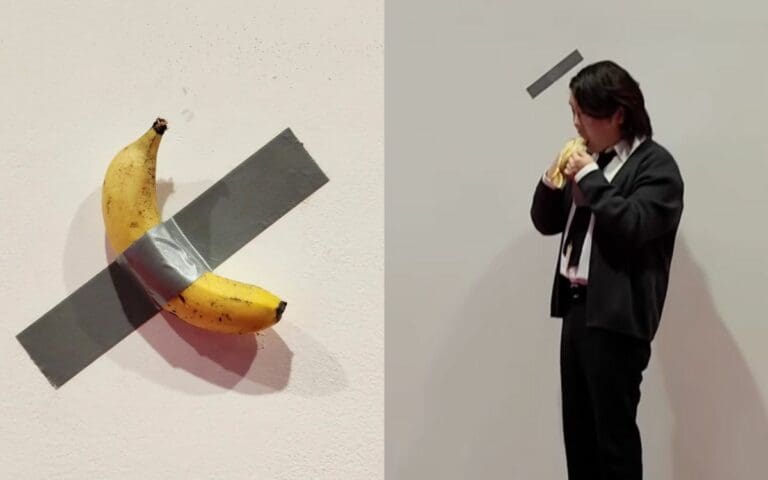 Joven se come polémica obra de plátano pegado a la pared