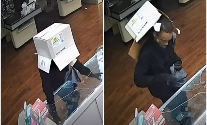 Ladrón cubre su identidad con caja de cartón al robar iPhones en Florida