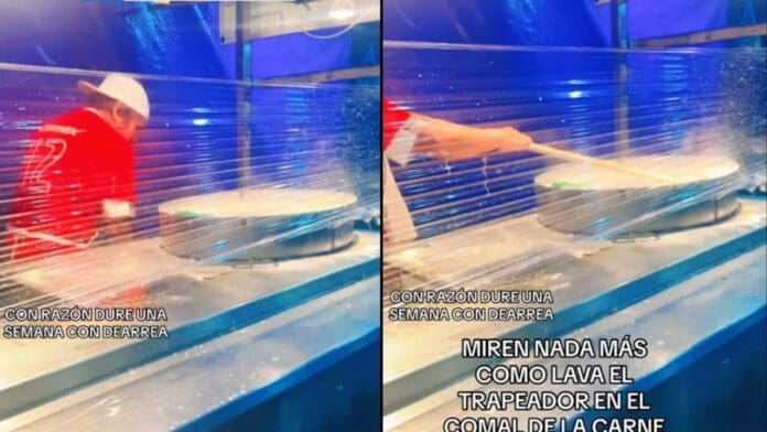 VIDEO: Captan a taquero metiendo trapeador al comal en el que cocina la carne