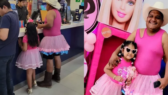 Papá usa falda rosa y acompaña a su hija al estreno de Barbie