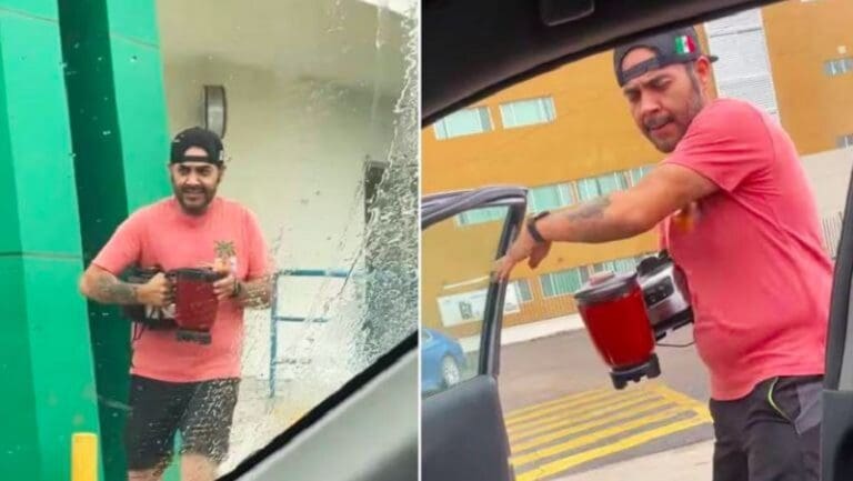 Por falta de luz joven se lanza a las oficinas de la CFE con licuadora en mano para preparar una salsa