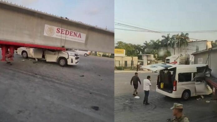 Una combi que llevaba turistas hacia el aerouerto se impactó contra una viga de concreto que llevaba un tráiler en Puerto Morelos.