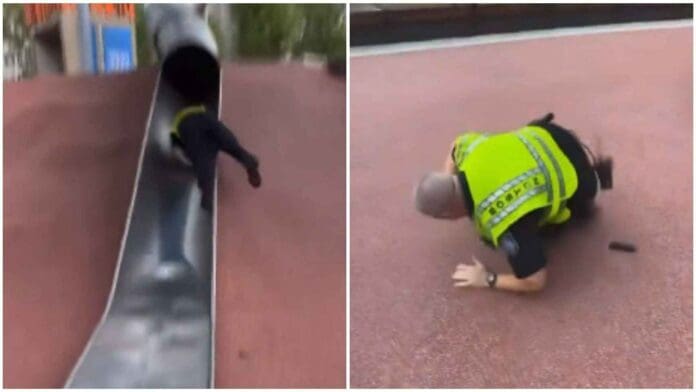 Policía se hace viral al resultar herido por lanzarse de un tobogán