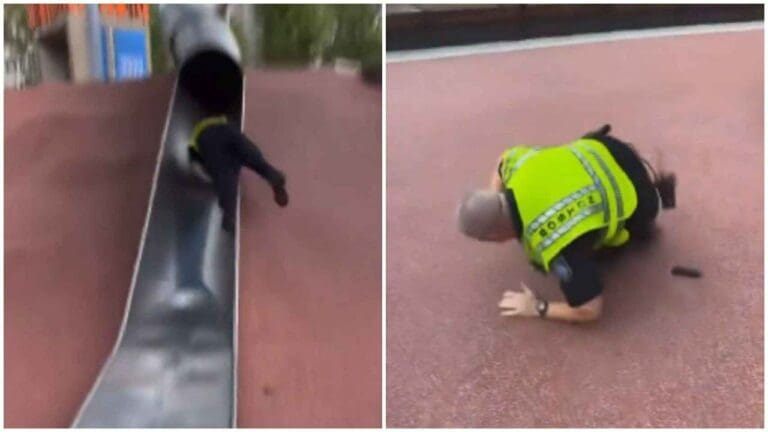 Policía se hace viral al resultar herido por lanzarse de un tobogán
