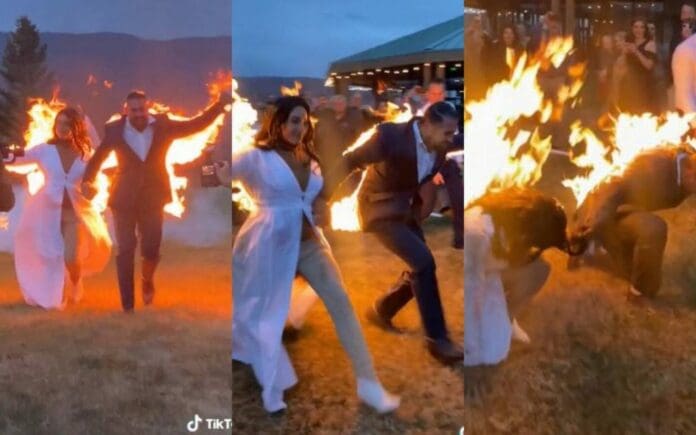 Una pareja llega a su boda en llamas e impactan a los invitados