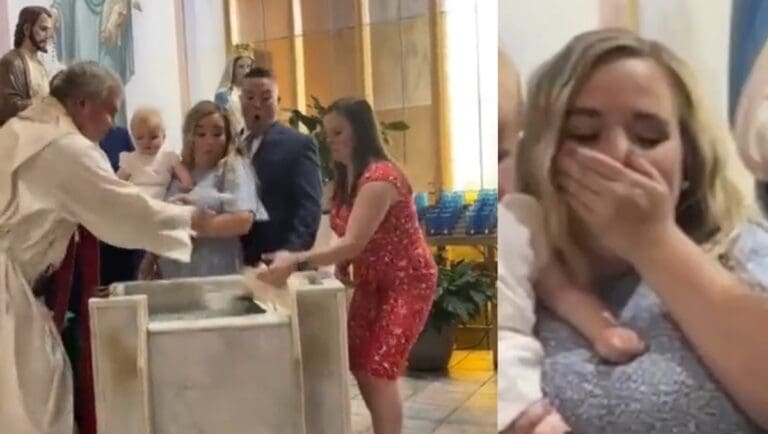 VIDEO: Bebé molesta tira la Biblia en el agua bendita durante el bautizo