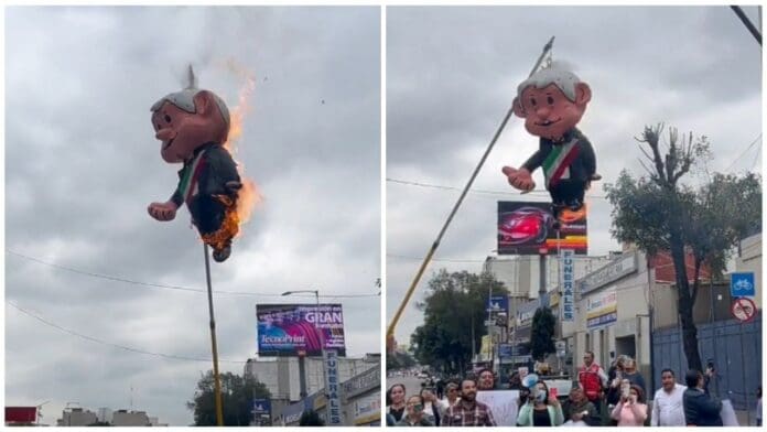 Queman piñata de AMLO en protesta por desaparición de fideicomisos del Poder Judicial
