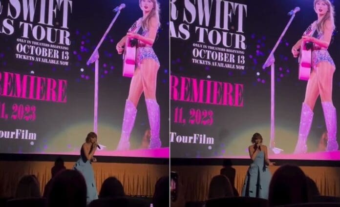 Video Taylor Swift sorprende a swifties en salas de premiere de la película The Eras Tour