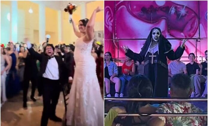Novia imita a la monja más viral de TikTok al aventar el ramo en su boda
