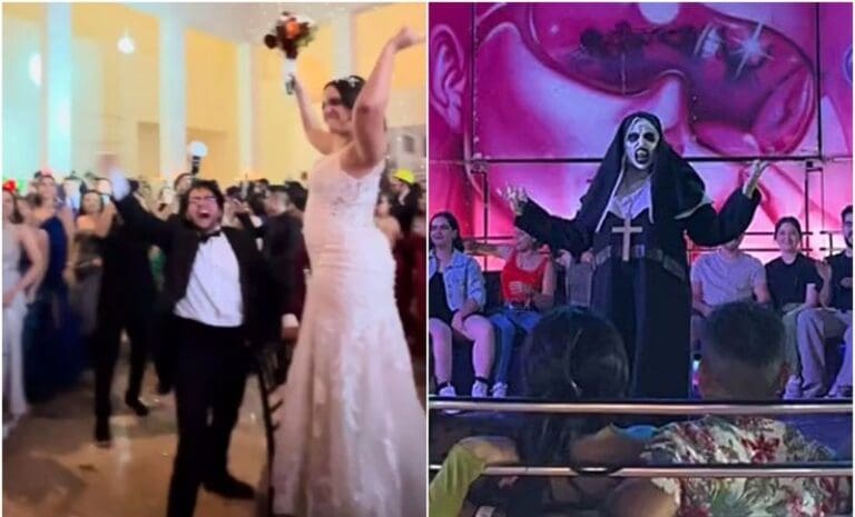 Novia imita a la monja más viral de TikTok al aventar el ramo en su boda