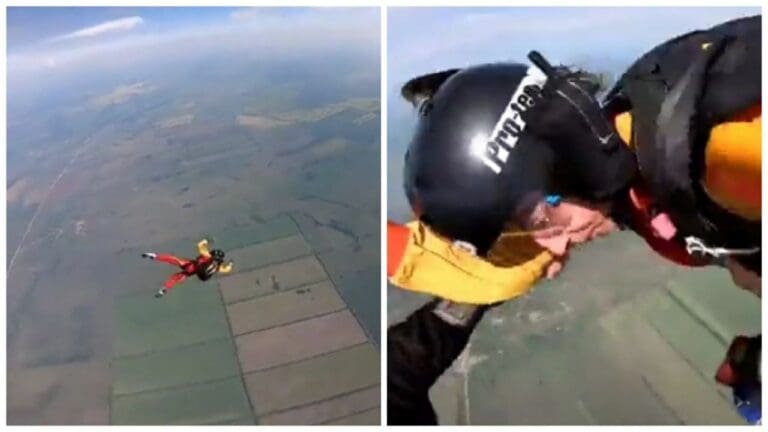 Un instructor salva en caída libre a una mujer que no podía abrir su paracaídas