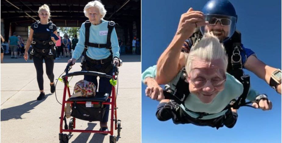 Video: A sus 104 años, mujer rompe récord al saltar en paracaídas