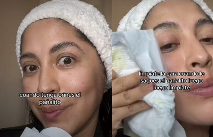 Mujer recomienda limpiarse la cara con pañales orinados como parte de su rutina de 