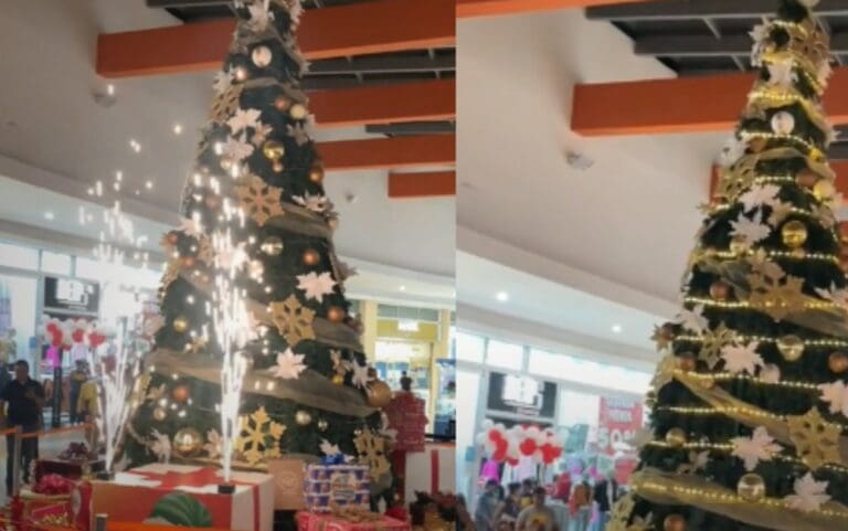 Critican pino navideño en centro comercial de Puebla por falta de luces